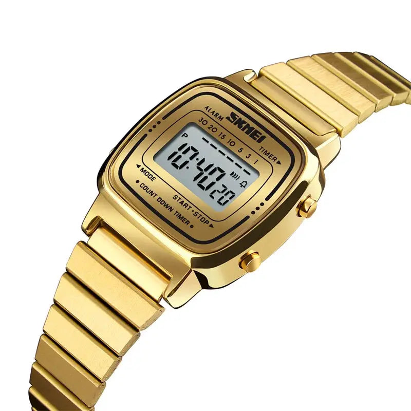 Skmei Women Digital Chronograph Wristwatch Stainless Steel Strap 30M Water Resistant Fashion Timepiece