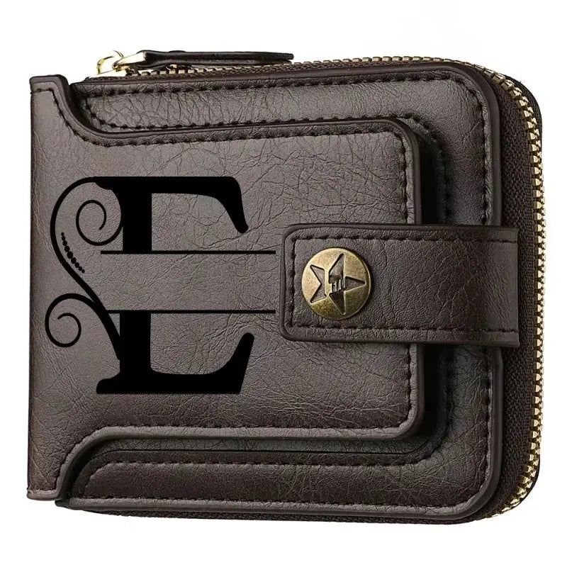 Personalized PU leather chain short wallet for men with engraved name and text, brown zip-around bifold