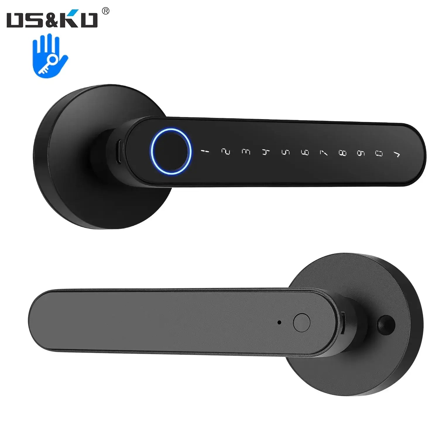 TTLock Smart Door Lock by Simples Market; black finish with blue LED ring, 5-in-1 keyless entry, dual-angle view