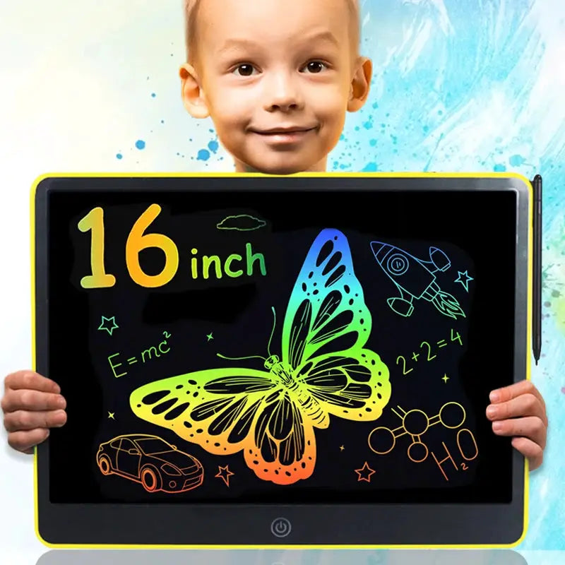 Simples Market 16-inch LCD drawing tablet for kids, yellow frame with colorful butterfly artwork