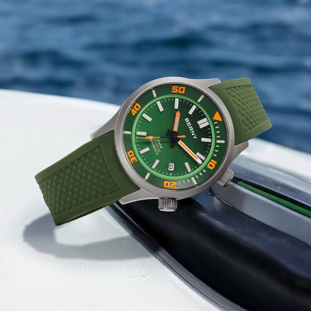 BERNY 20ATM titanium automatic diver watch for men with green dial and green silicone strap