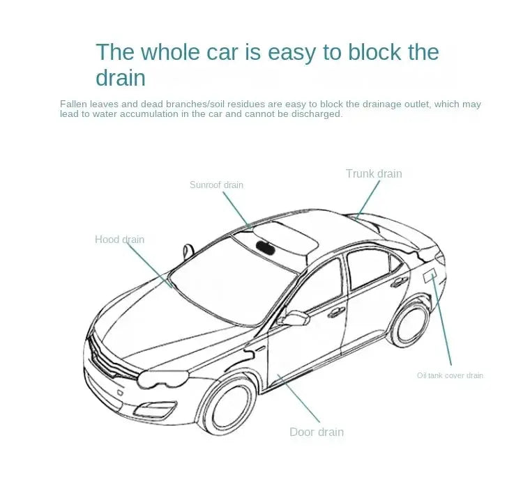 Car drain cleaning brush diagram labeling sunroof, hood, trunk and door drains