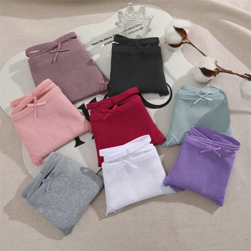 Cotton panties for women, 9-pack multicolor with lace trim and bows — Simples Market