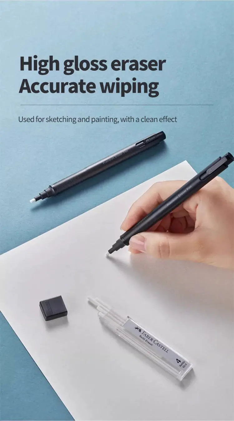 Faber-Castell retractable eraser pencil set; two black pencils with eraser tips and a clear Faber-Castell eraser cartridge
