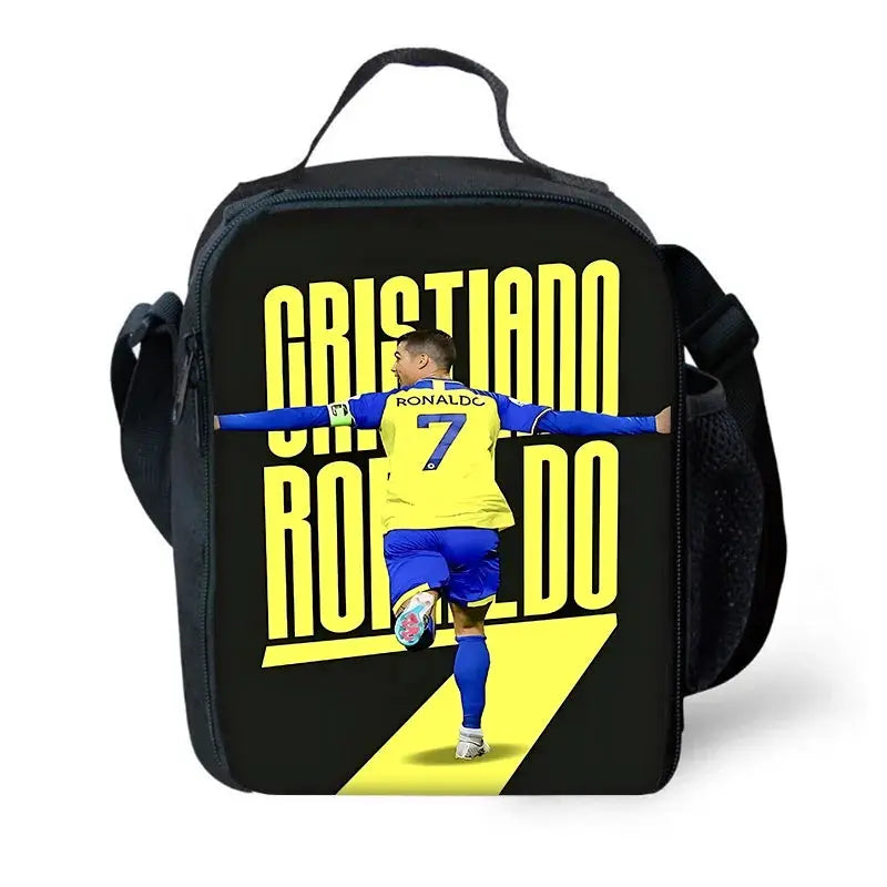 Child school backpack featuring Cristiano Ronaldo CR7 print in bright yellow on black background