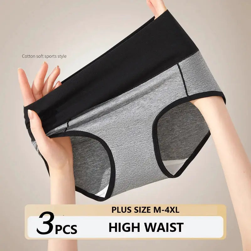 Three-piece high-waist cotton body-shaper underwear set in grey with black trim; plus sizes M-4XL