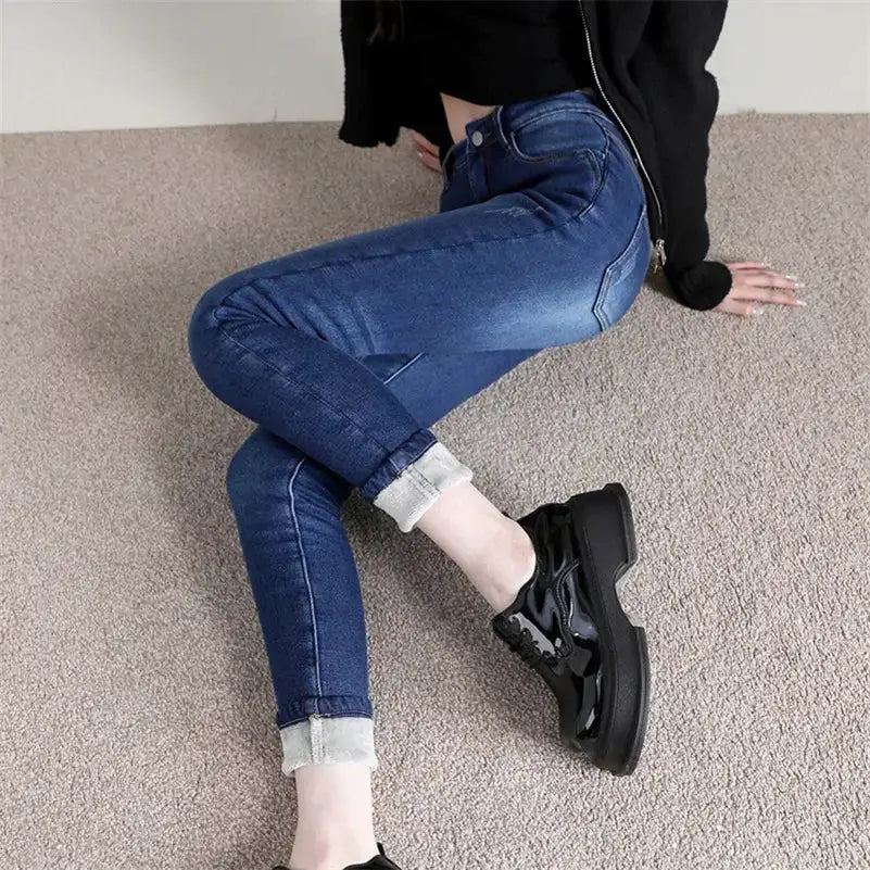 Women Thermal Skinny Jeans With Plush Lining Warm Winter Denim Pants