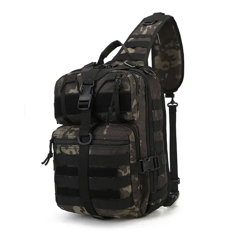 Tactical sling bag for men in woodland camouflage with MOLLE webbing, compact crossbody daypack