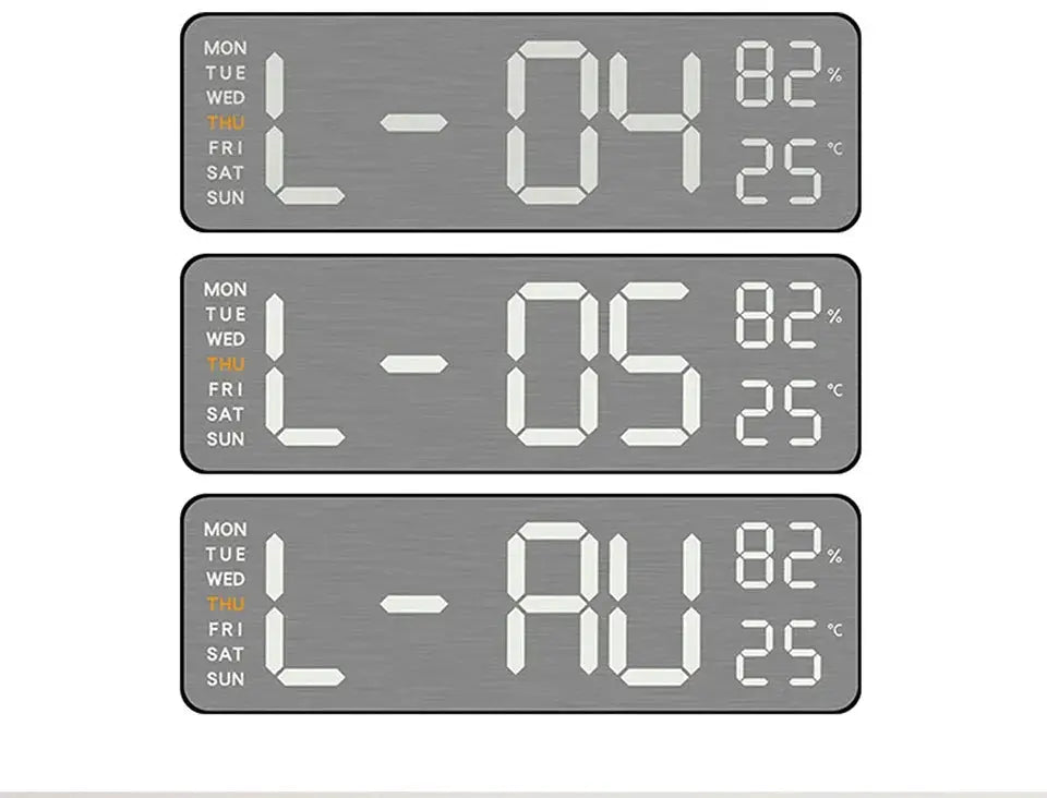 Three-panel brushed mirror finish digital wall clock with day indicators, humidity 82% and 25°C.
