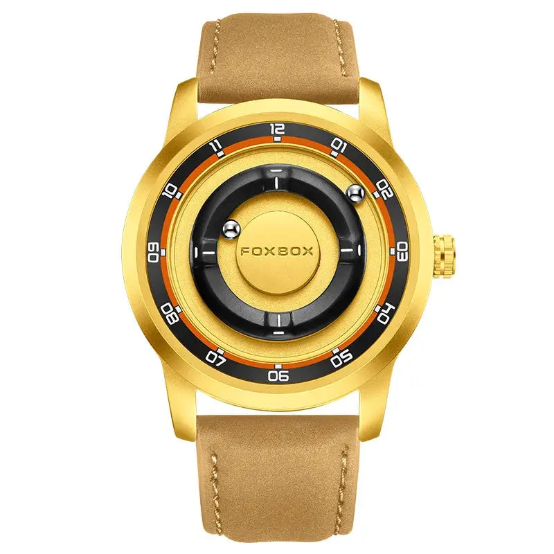 FOXBOX men's wristwatch with gold-tone case and tan leather strap