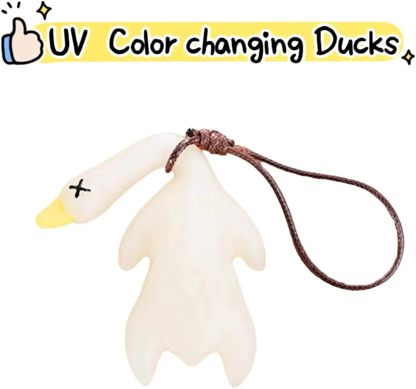 Color-changing duck pendant keychain by Simples Market; white duck with yellow beak on brown cord
