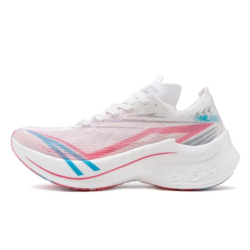 ONEMIX white running shoe with pink/blue accents and visible ONE-MIX branding on heel.