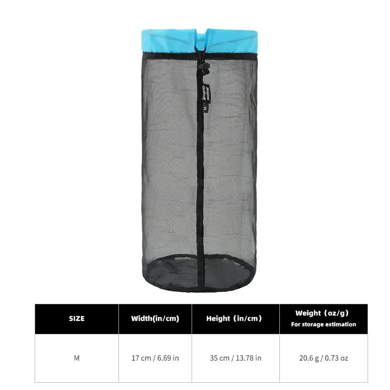 HODR mesh stuff sack; lightweight gray mesh bag with blue top drawstring closure