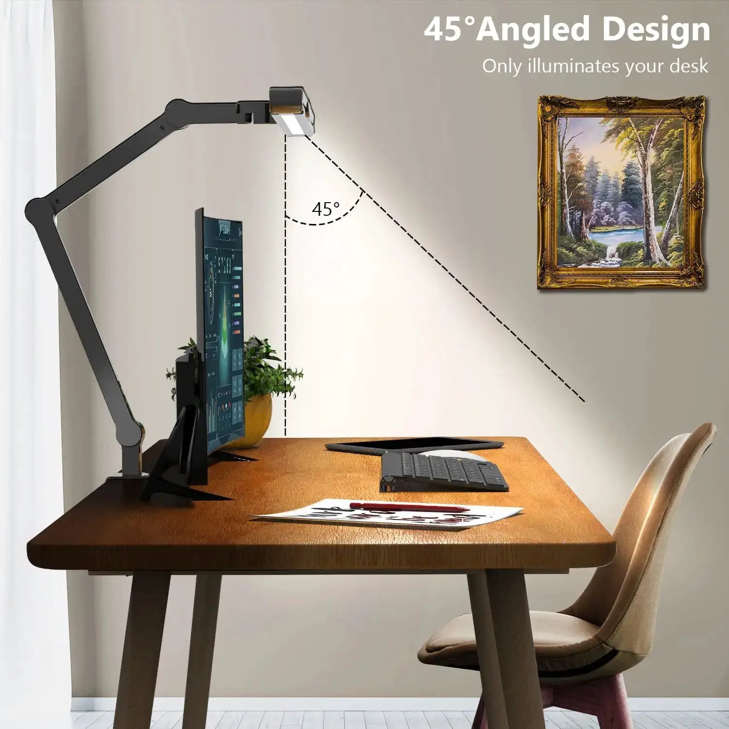 LED desk lamp with clamp, Simples Market, 24W auto-dimming, 45° angled adjustable arm, gray metal for home-office lighting