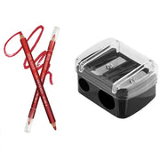 Simples Market double-hole lip pencil sharpener with clear lid and two red lip pencils
