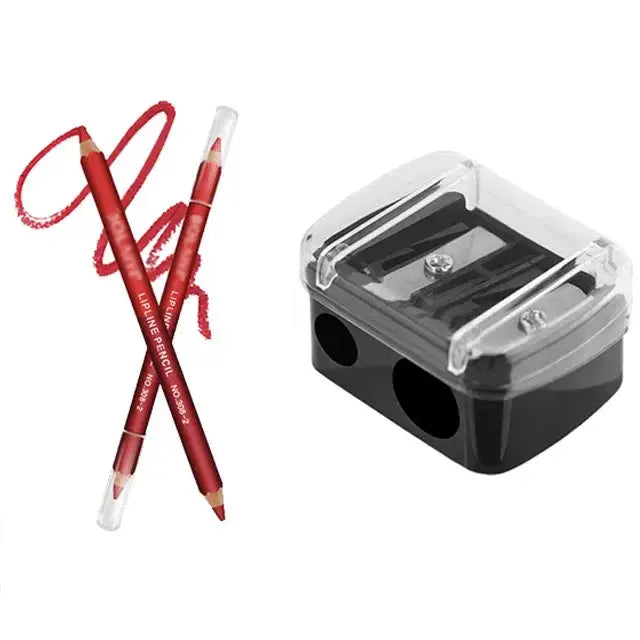Simples Market double-hole lip pencil sharpener with clear lid and two red lip pencils