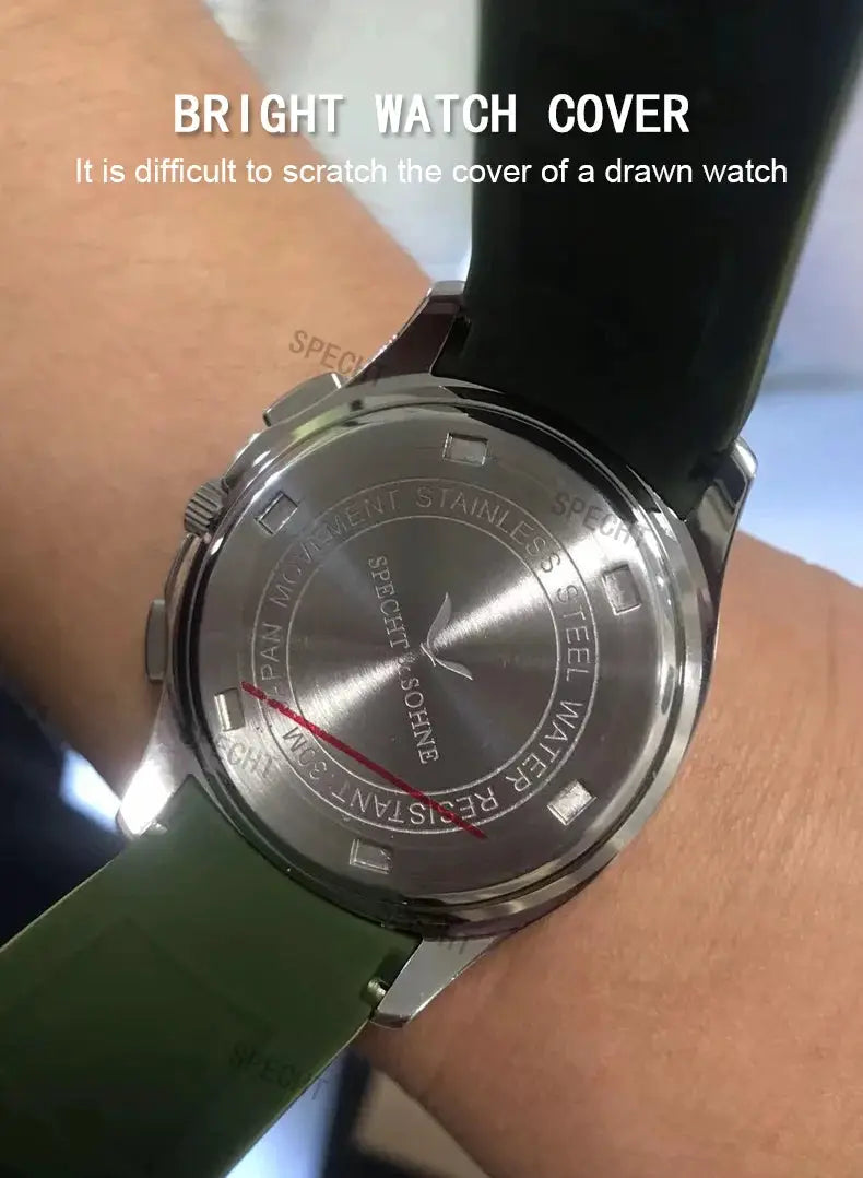 Specht & Söhne wristwatch with stainless steel case back and green rubber strap