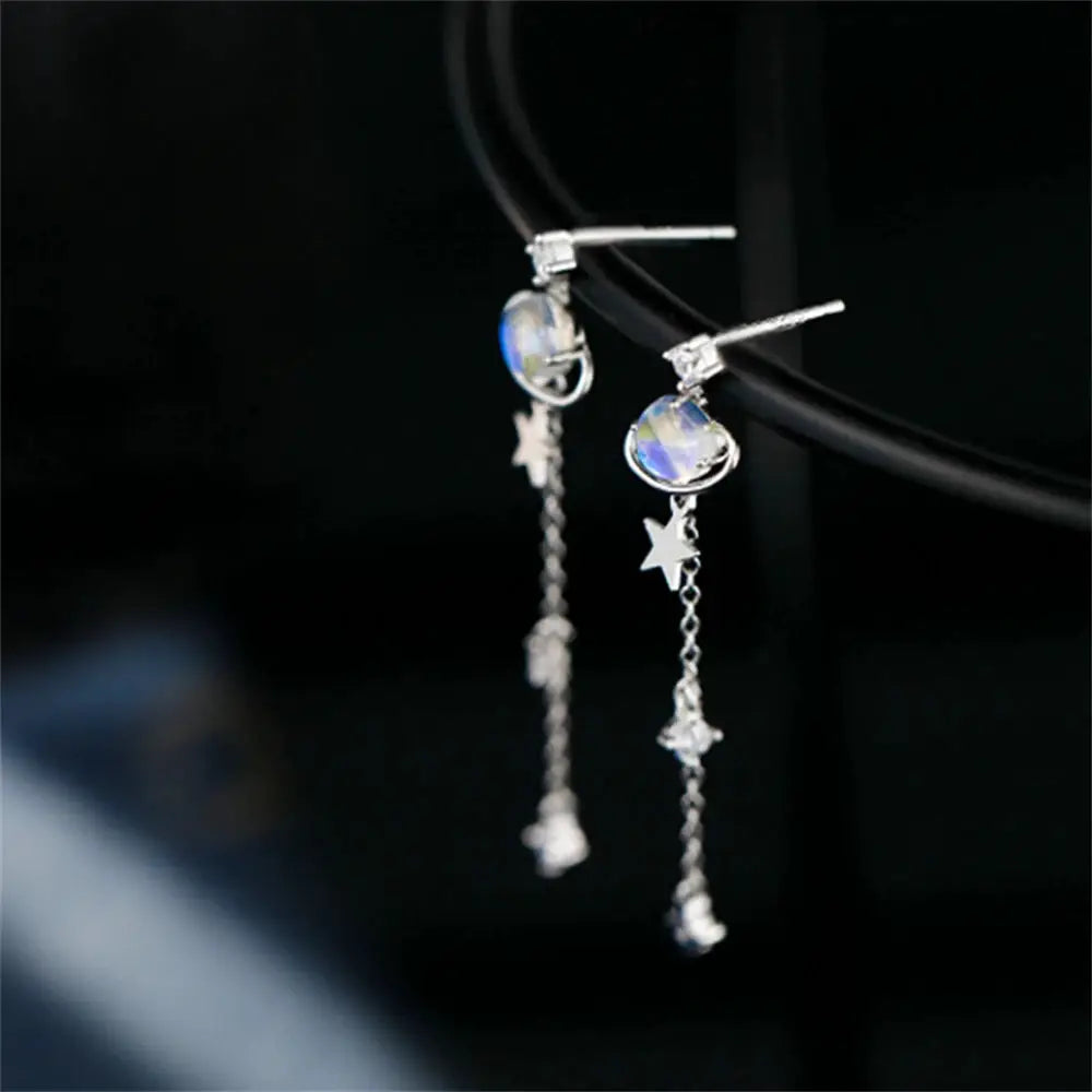 Korean Exquisite Moon Planet Butterfly Tassel Drop Earrings with iridescent crystal orb and star charms, silver-tone