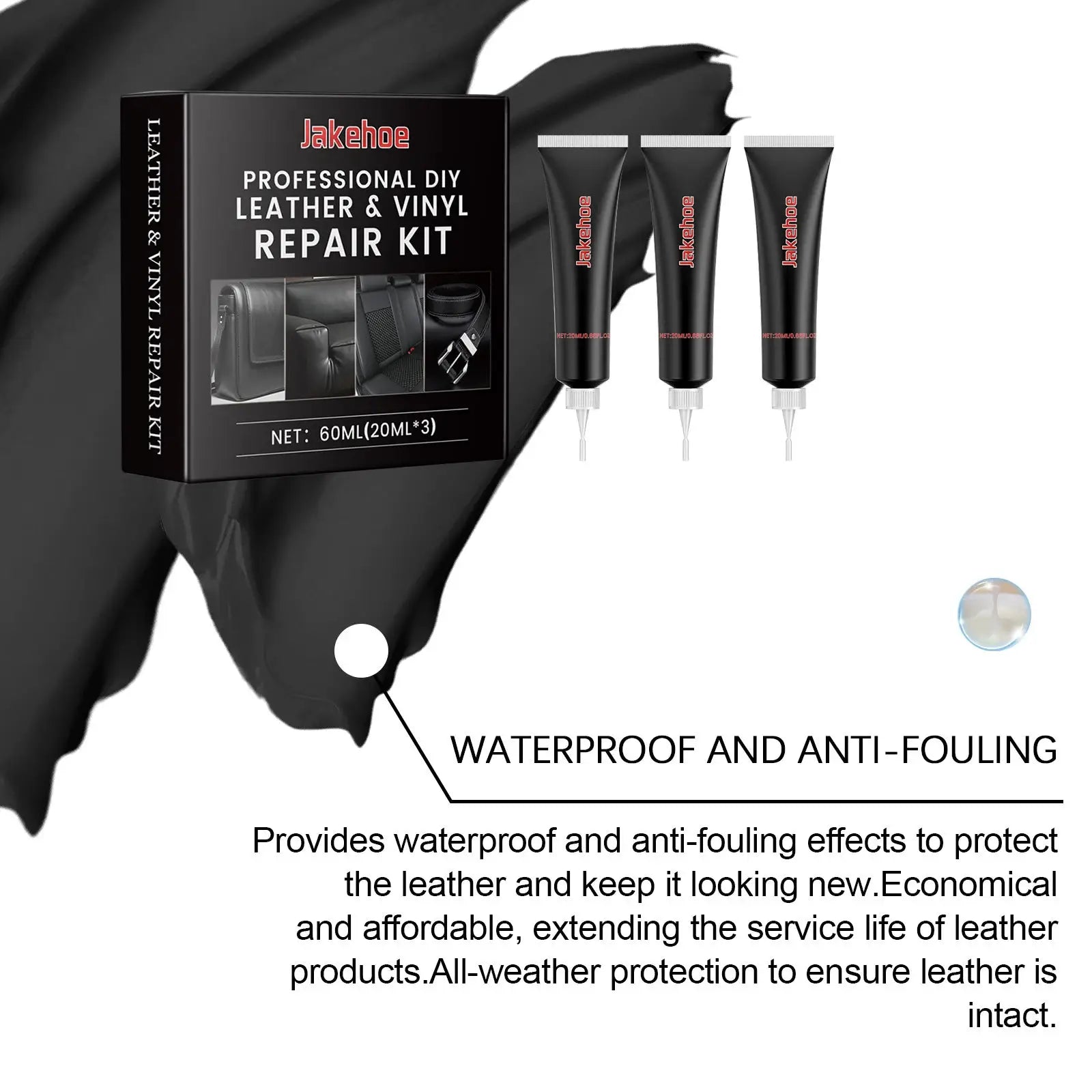 Jakehoe leather & vinyl repair kit, black tubes, complete DIY set for car interiors, bags, shoes and furniture.
