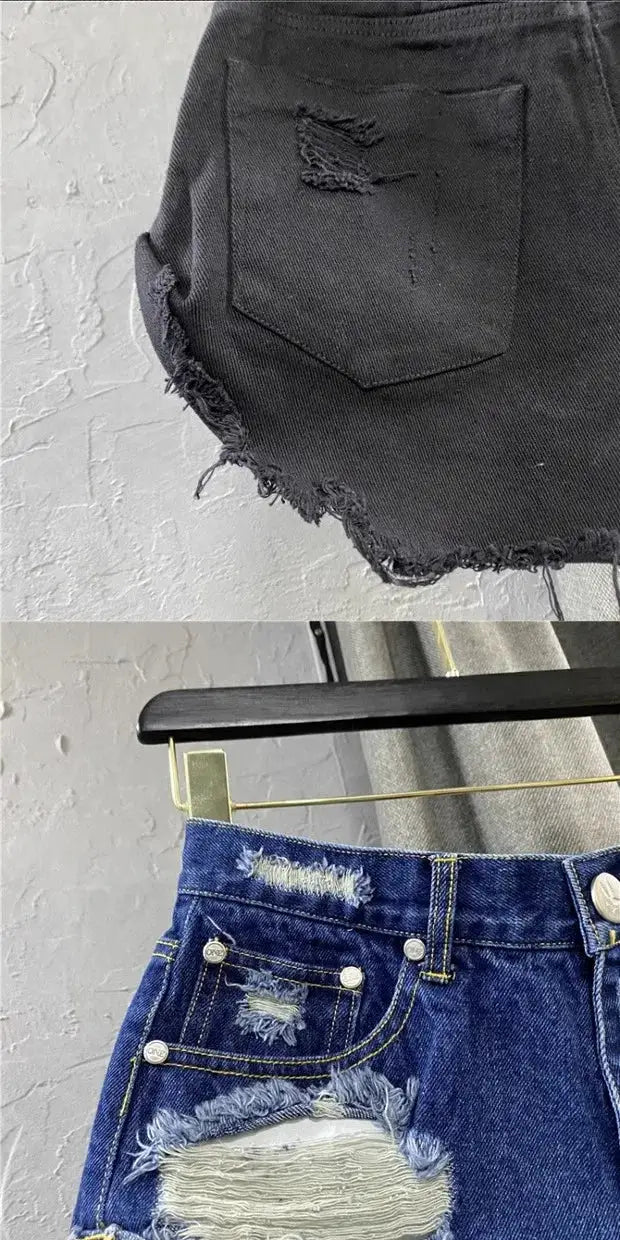 Denim shorts pair: black distressed shorts and blue ripped denim with frayed hems