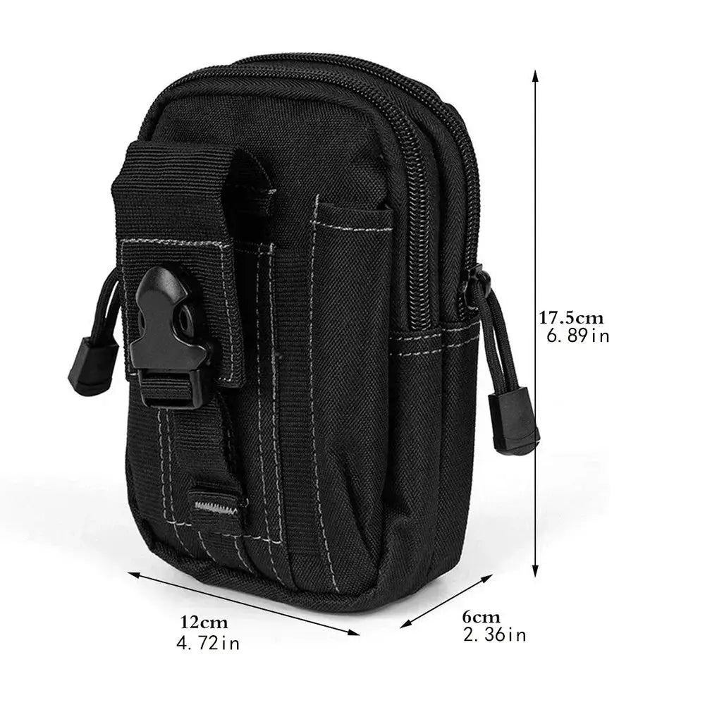 Leg waist bag in black with multiple zip pockets and a side buckle; compact portable belt bag