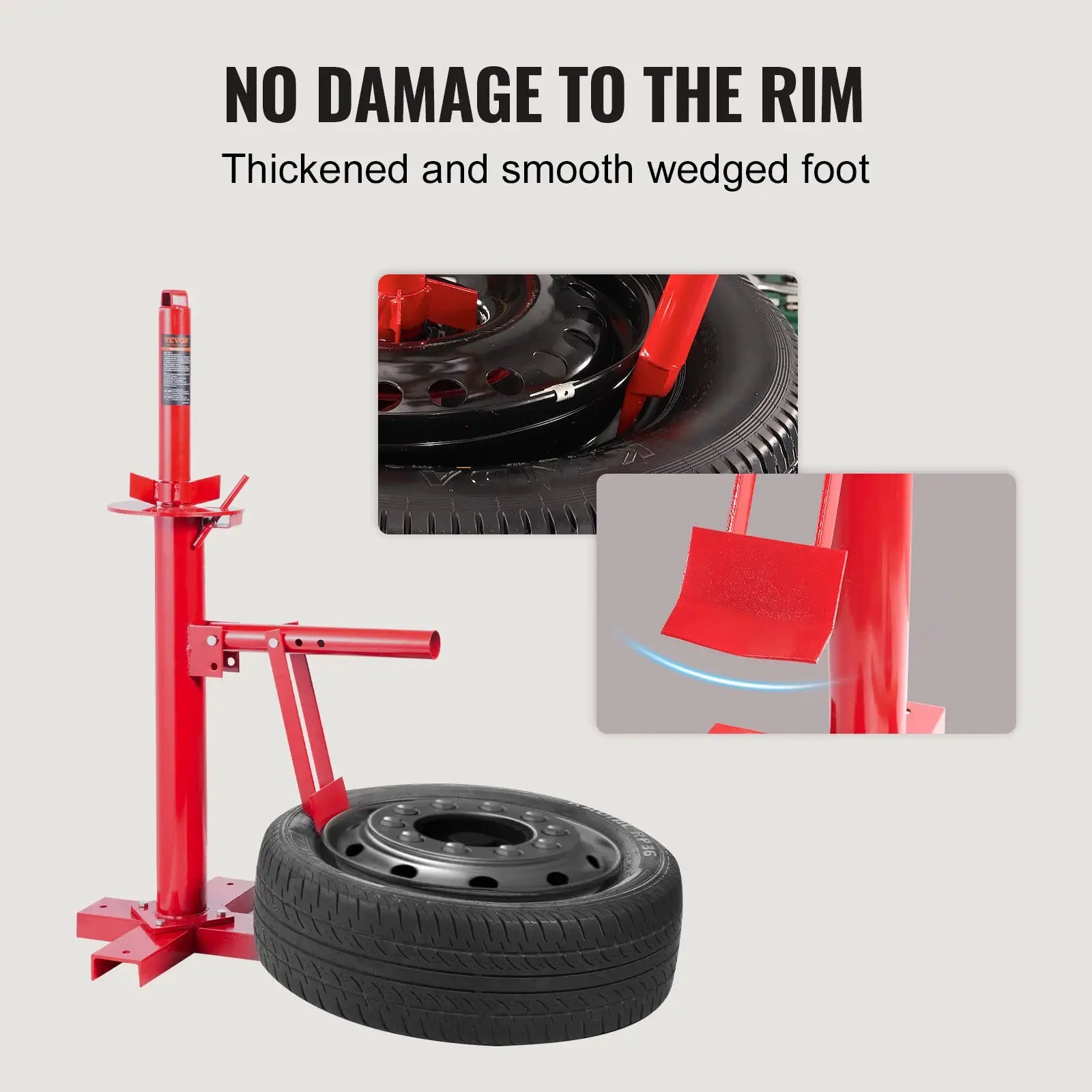 Portable red manual tire changer bead breaker tool with mounted tire