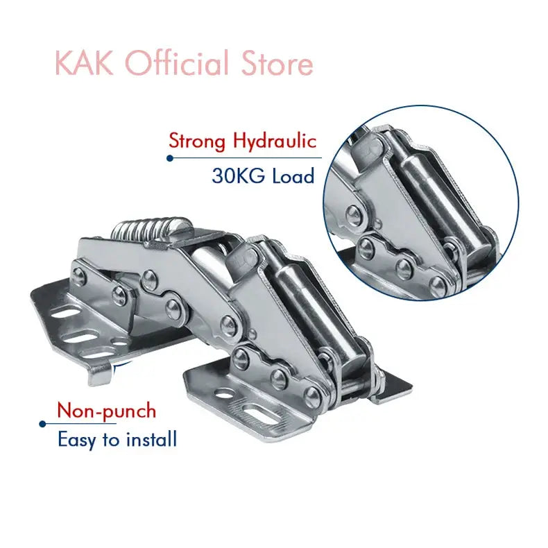 KAK hydraulic cabinet hinges with soft-closing dampers; chrome-plated steel pair, 30KG load