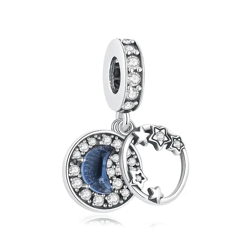 Sterling silver bracelet charms set with moon and star pendants, CZ accents; 2 charms and spacer bead, Simples Market.