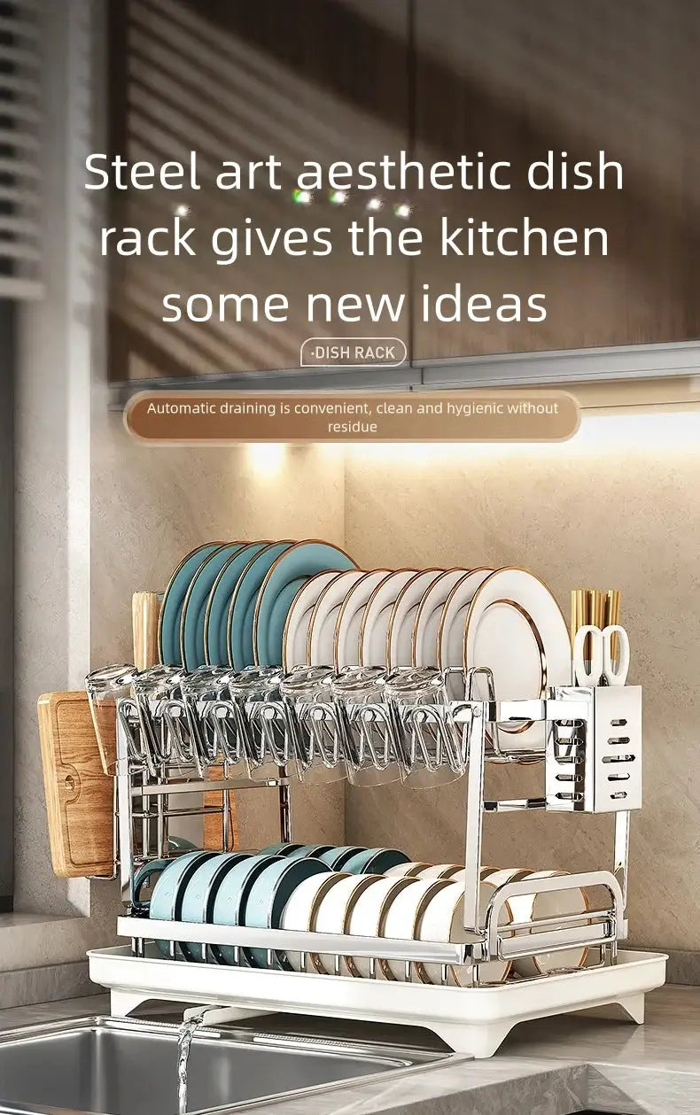 Simples Market stainless steel two-tier dish rack for plates, bowls and glasses; teal and white dishware.