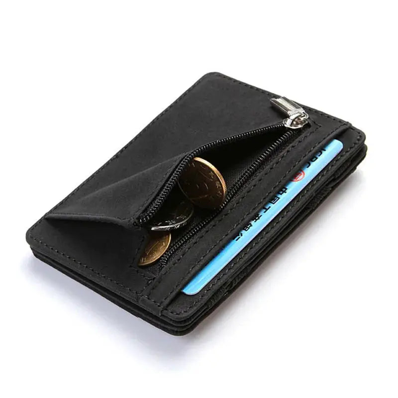 Mini men’s card holder wallet by Simples Market in black PU leather with zipper coin pocket and card slots