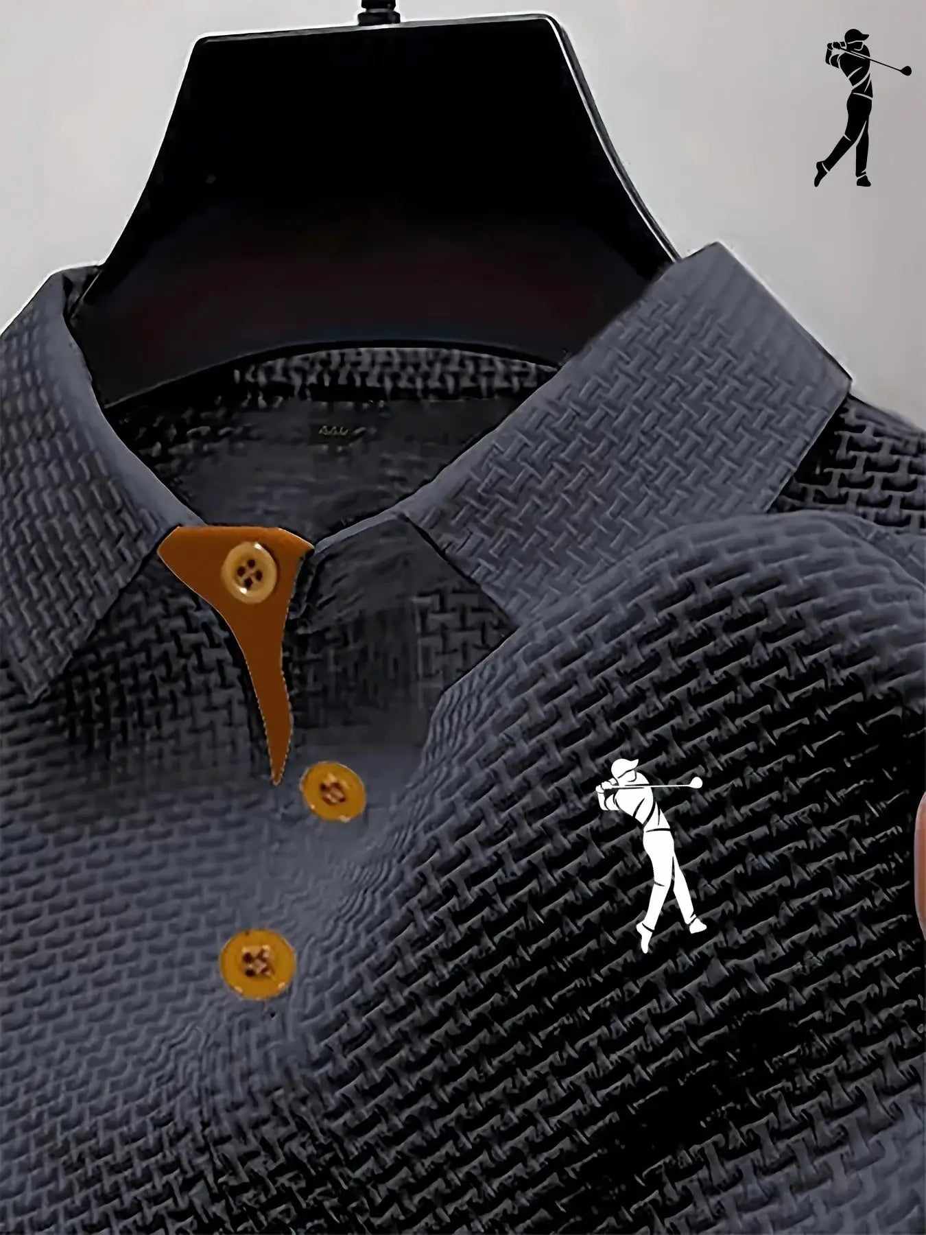 Summer men's short-sleeve polo shirt by Simples Market in textured navy fabric with orange placket