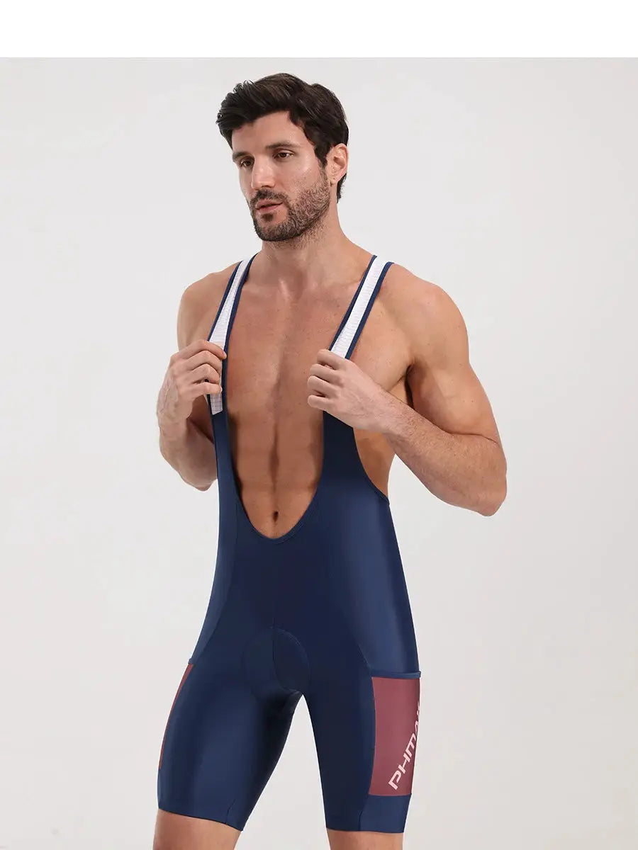 PHMAX men's cycling bib shorts by Simples Market, navy with white bib straps and red side panel
