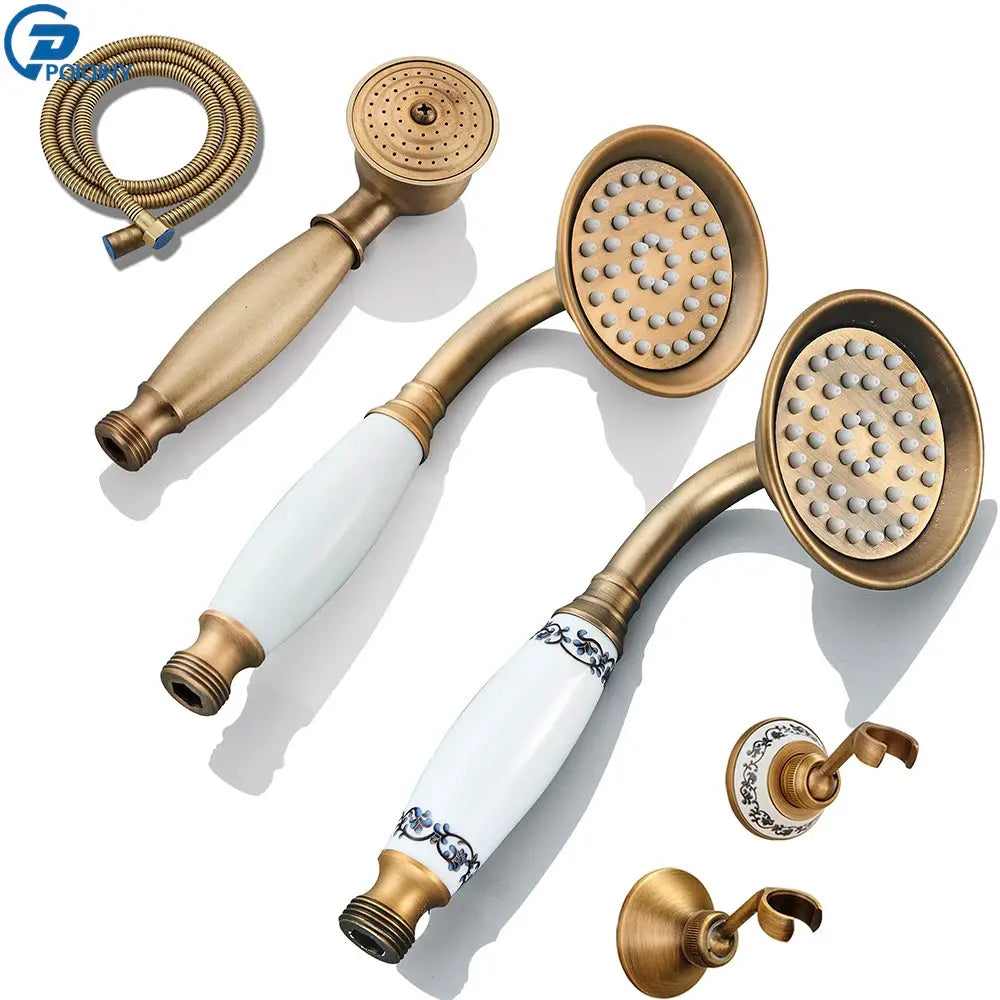 Simples Market antique brass dual handheld shower heads with white ceramic handles and 150cm hose
