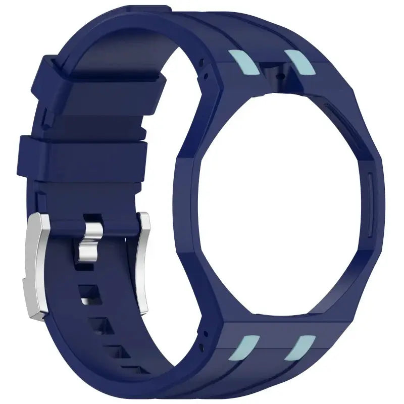 Silicone watch strap for Swatch X AP Royal Pop Pocket Watch in blue with silver buckle.