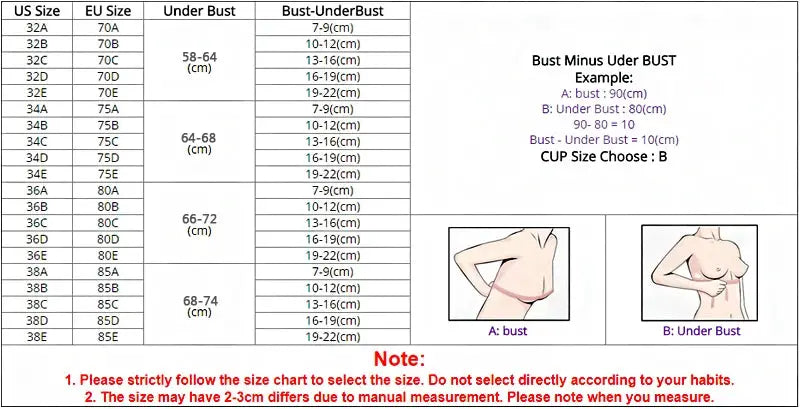 Simples Market bra size chart with US/EU sizes and under-bust measurements; A bust and B under-bust diagrams.