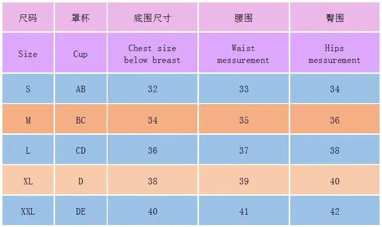 Women's bikini size chart showing S–XXL with cup sizes AB–DE and chest, waist, hips measurements.