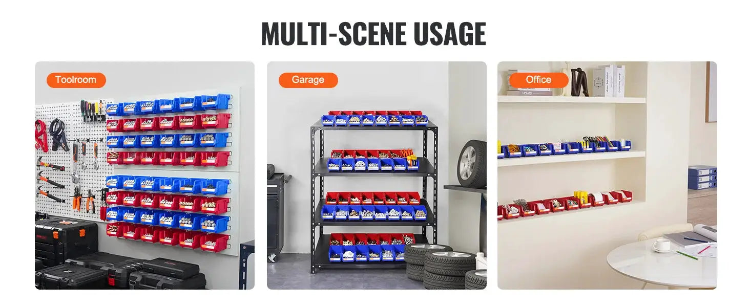 SucceBuy 24-piece stackable storage bin set with red and blue bins on freestanding tiered shelves.