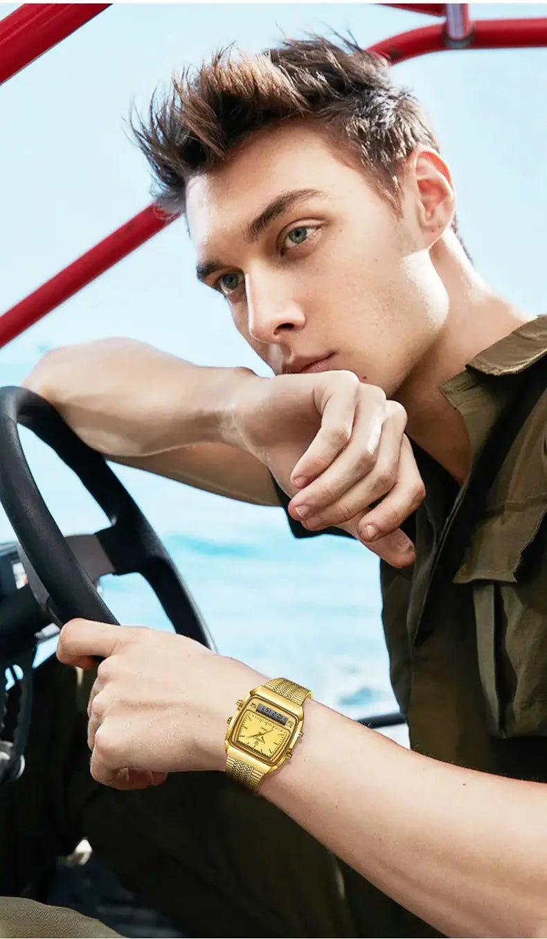 Men's gold-tone stainless steel digital watch with dual time display