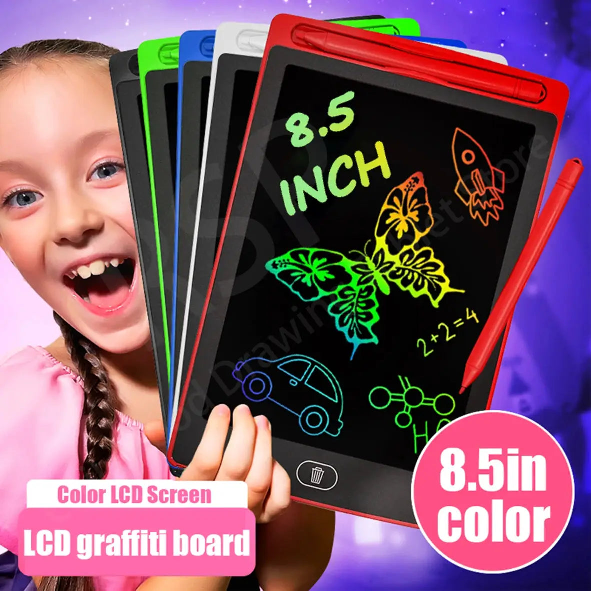 Set of seven Simples Market 8.5-inch color LCD drawing tablets for kids with red stylus.