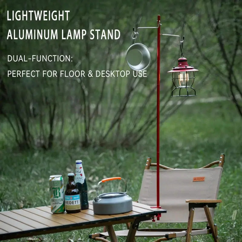 Simples Market red aluminum lamp stand with lantern hanger; dual-function for floor and desktop use