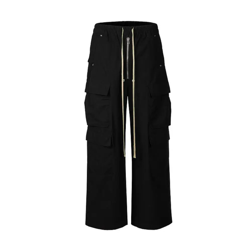 Owen Seak Men Cargo Pants, black, gothic-style loose cargo trousers with multiple pockets and beige drawstrings.