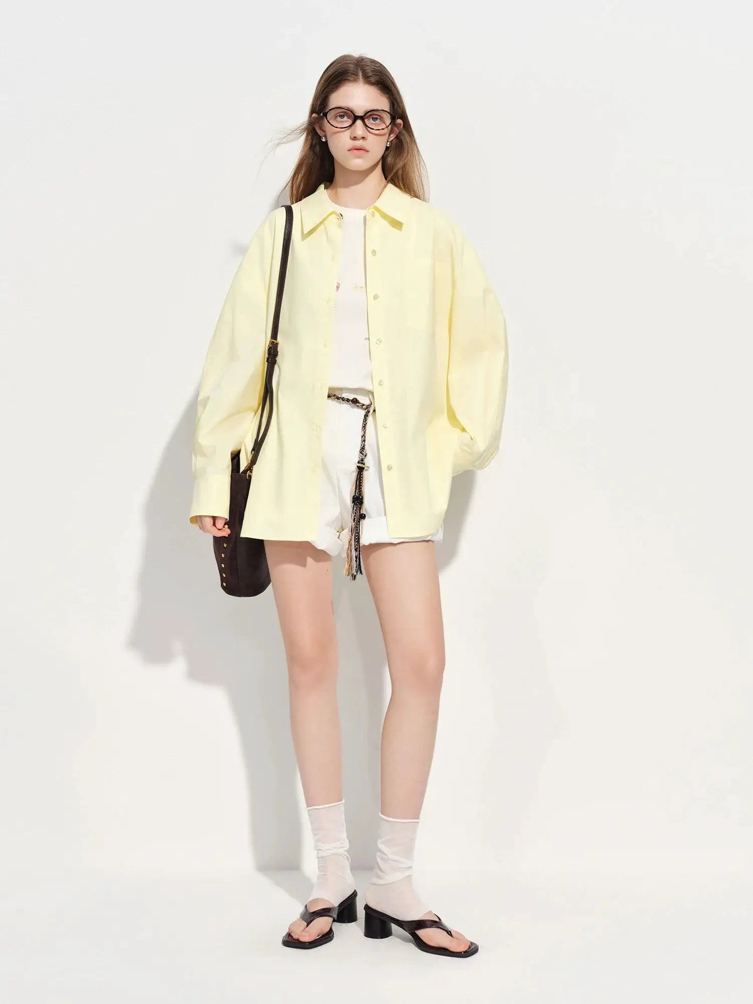 Simples Market FSLE Premium Series women's loose-fit cotton shirt, pale yellow oversized long-sleeve layering blouse