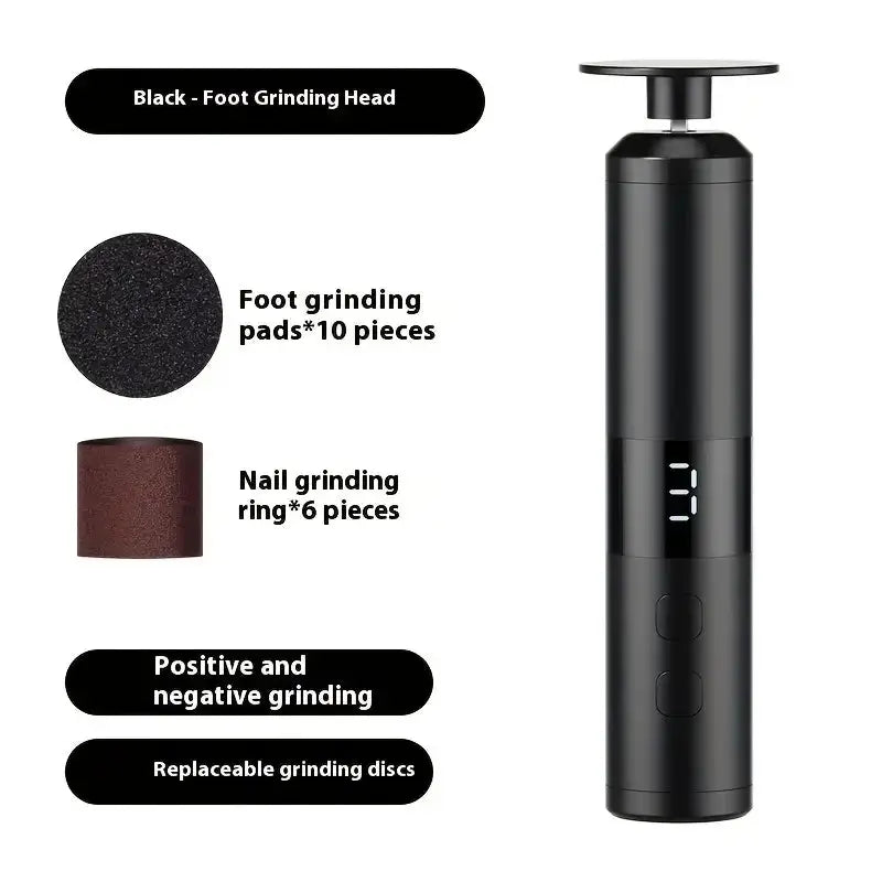 Simples Market USB charging foot grinder 2-in-1 foot and nail care device; black handheld with 10 foot pads and 6 rings