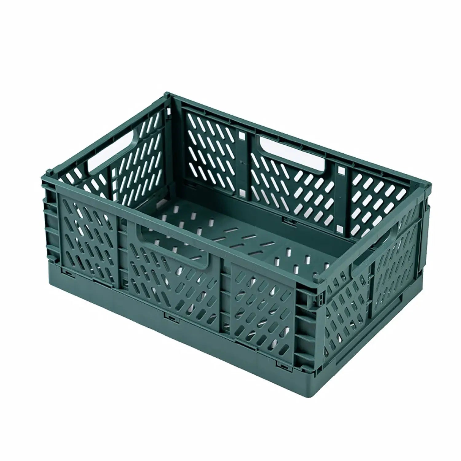 Plastic foldable storage crate, green with side handles; portable, stackable organizer for makeup, jewelry, toys.