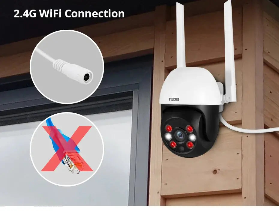 Fuers outdoor IP security camera, 8MP 4K, white housing with black camera head and dual antennas