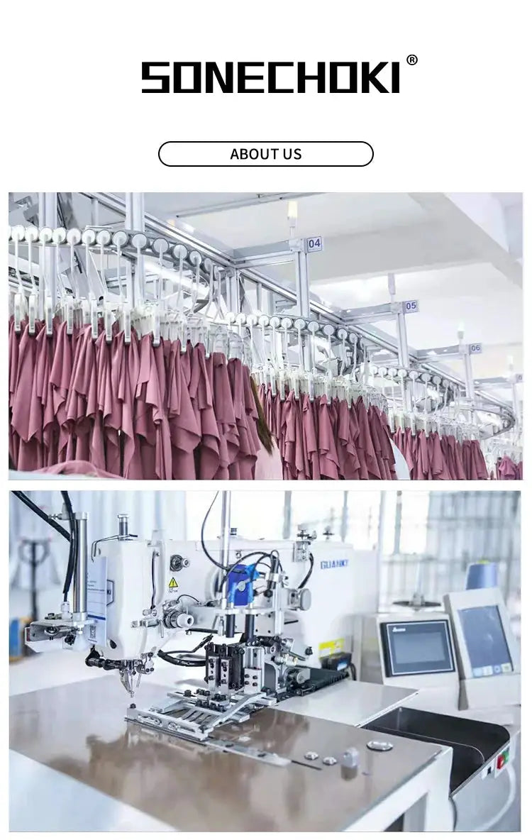 Men's compression tank top production scene at SONECHOKI factory; sewing machines and hanging garments