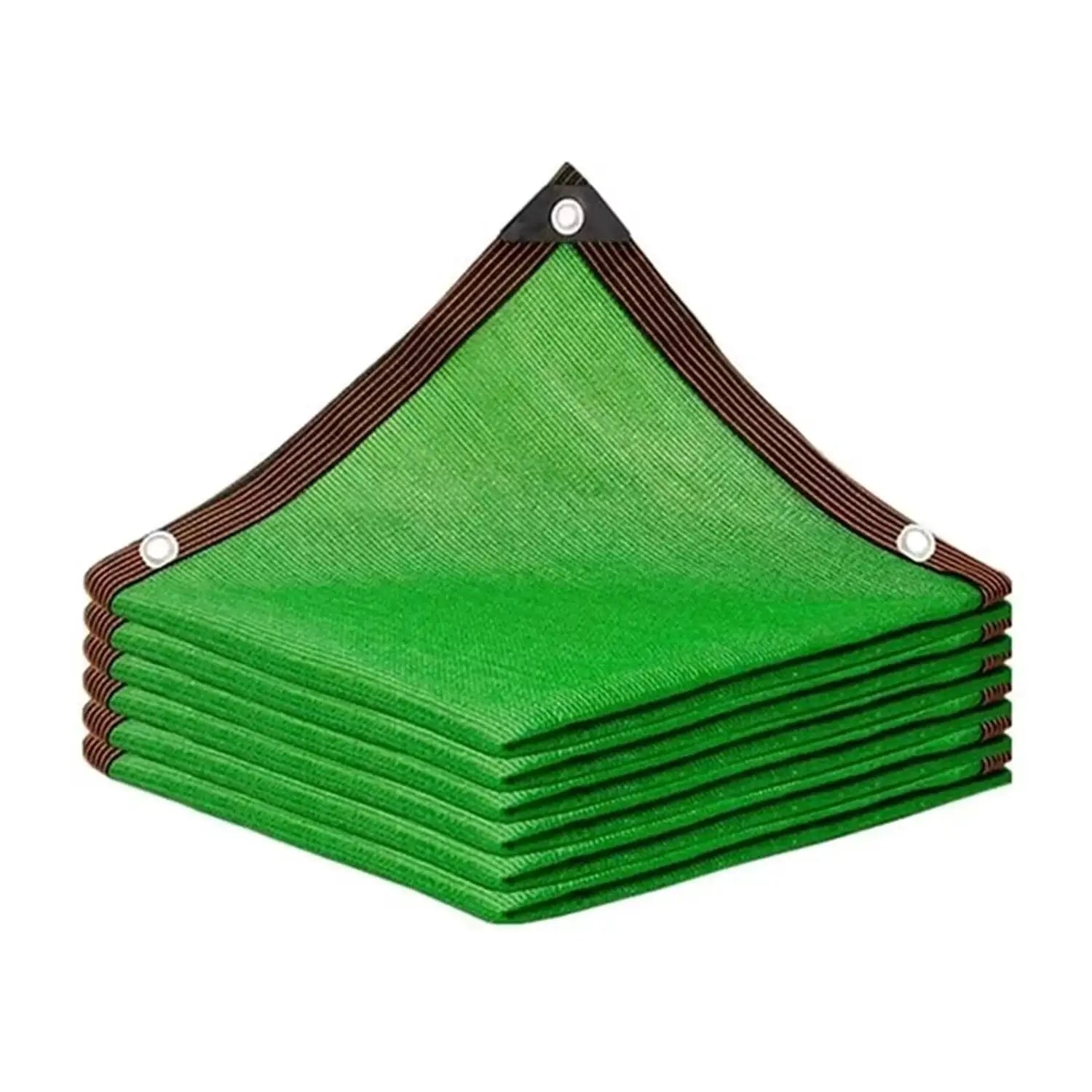 Heavy-duty shade cloth panels by Simples Market in green with brown edging and grommets, stacked