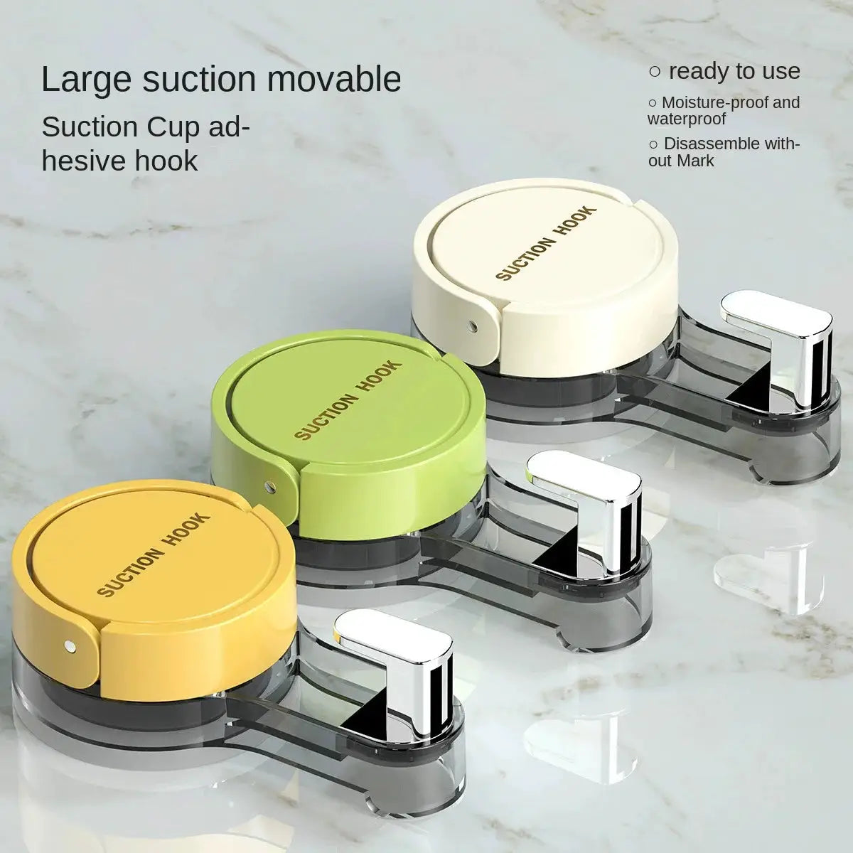 Suction hook set with no-drill adhesive in four colors (yellow, lime green, cream, white) for bathroom and kitchen.