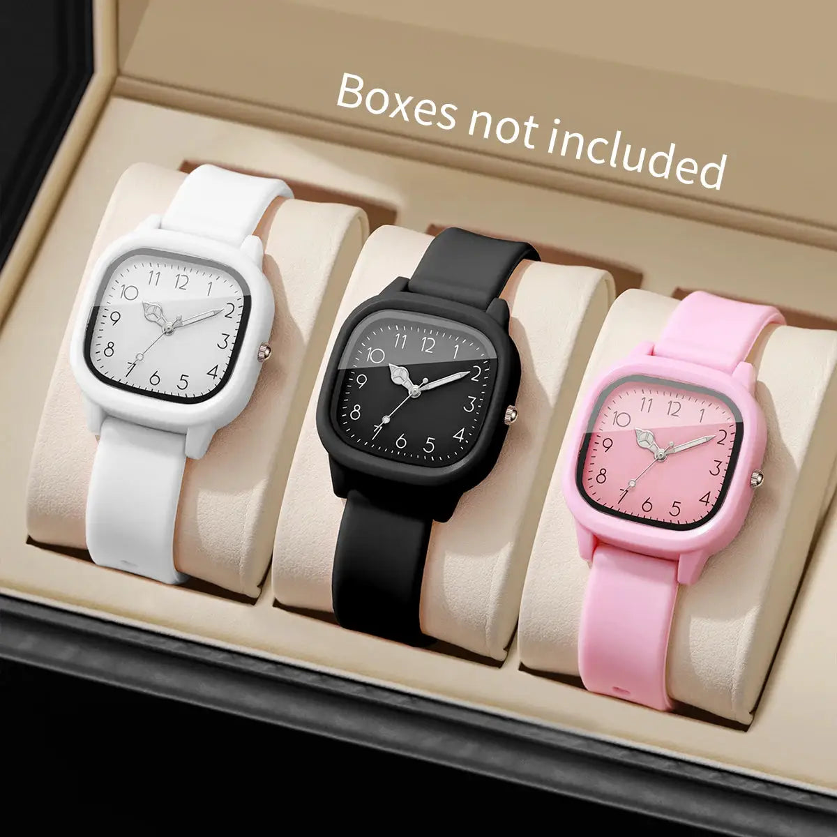 Silicone band quartz watches set, 3-pack with Arabic numeral dials in white, black and pink by Simples Market