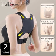 FallSweet 2-piece posture correction bra set, black seamless wireless bralette with cross-back support